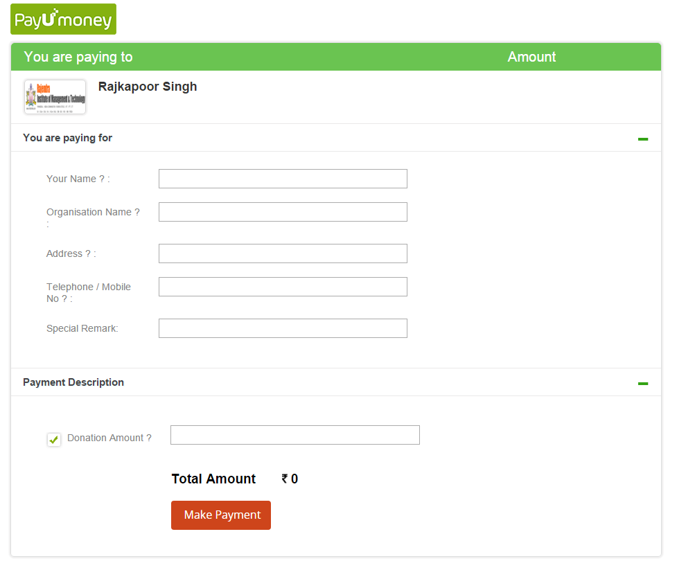 PayUmoney Webfront Payment Screen